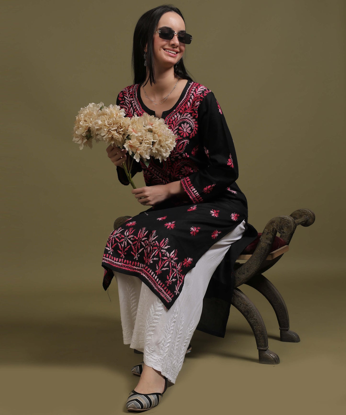NEA Chikankari Black Cotton Kurti With Shaded Pink Embroidery