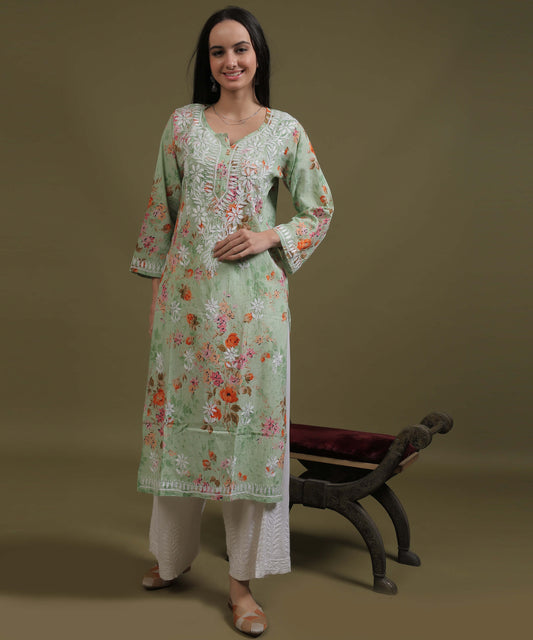 NEA Chikankari Mulmul Printed Green Kurta With White Embroidery