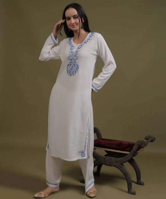 NEA Chikankari White Neckwork Rayon Palazzo Set With Blue Embroidery