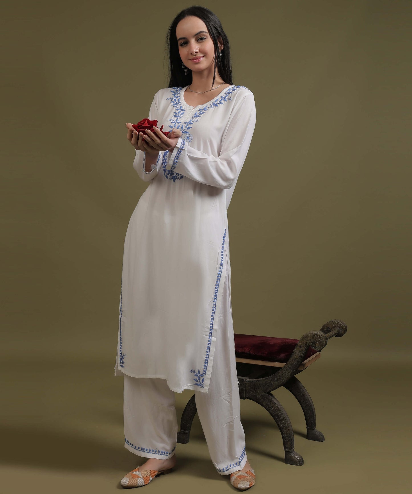 NEA Chikankari White Neckwork Rayon Palazzo Set With Blue Embroidery