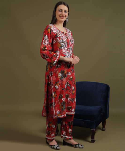 NEA Chikankari Rayon Printed Red Palazzo Set With White Embroidery