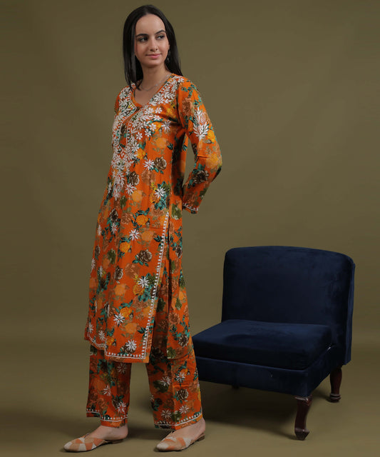 NEA Chikankari Rayon Printed Musturd Palazzo Set With White Embroidery