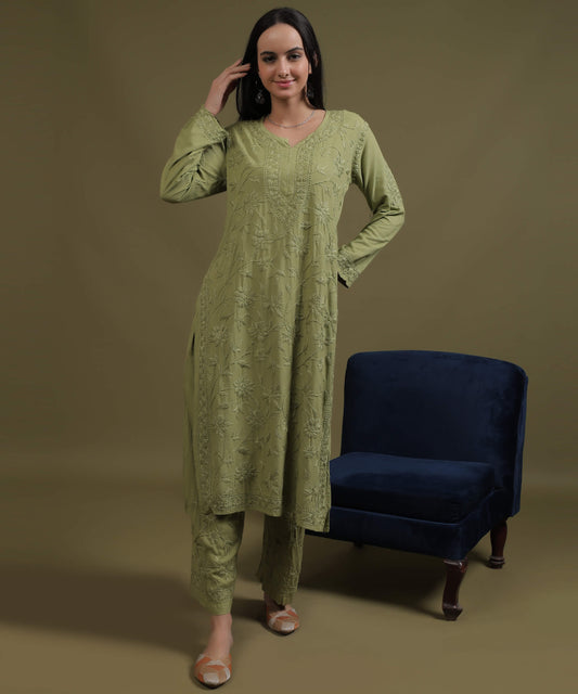 RUMI Green Rayon Full Jaal Work Palazzo Set