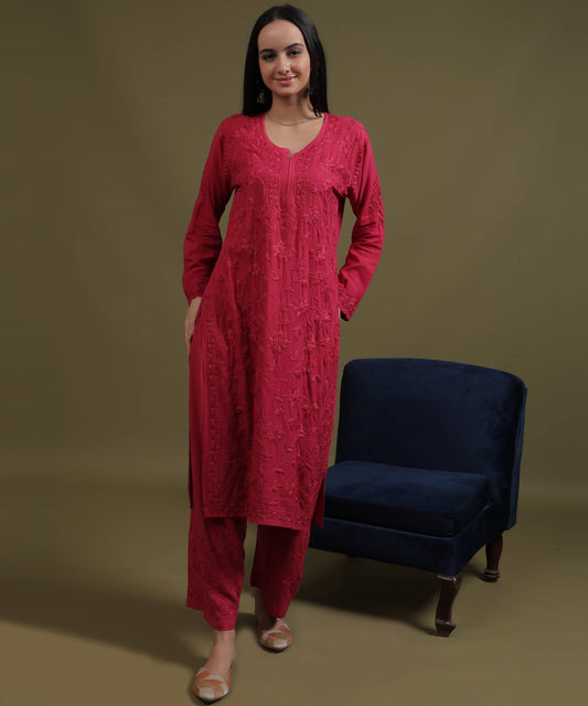 RUMI Rani Pink Rayon Full Jaal Work Palazzo Set