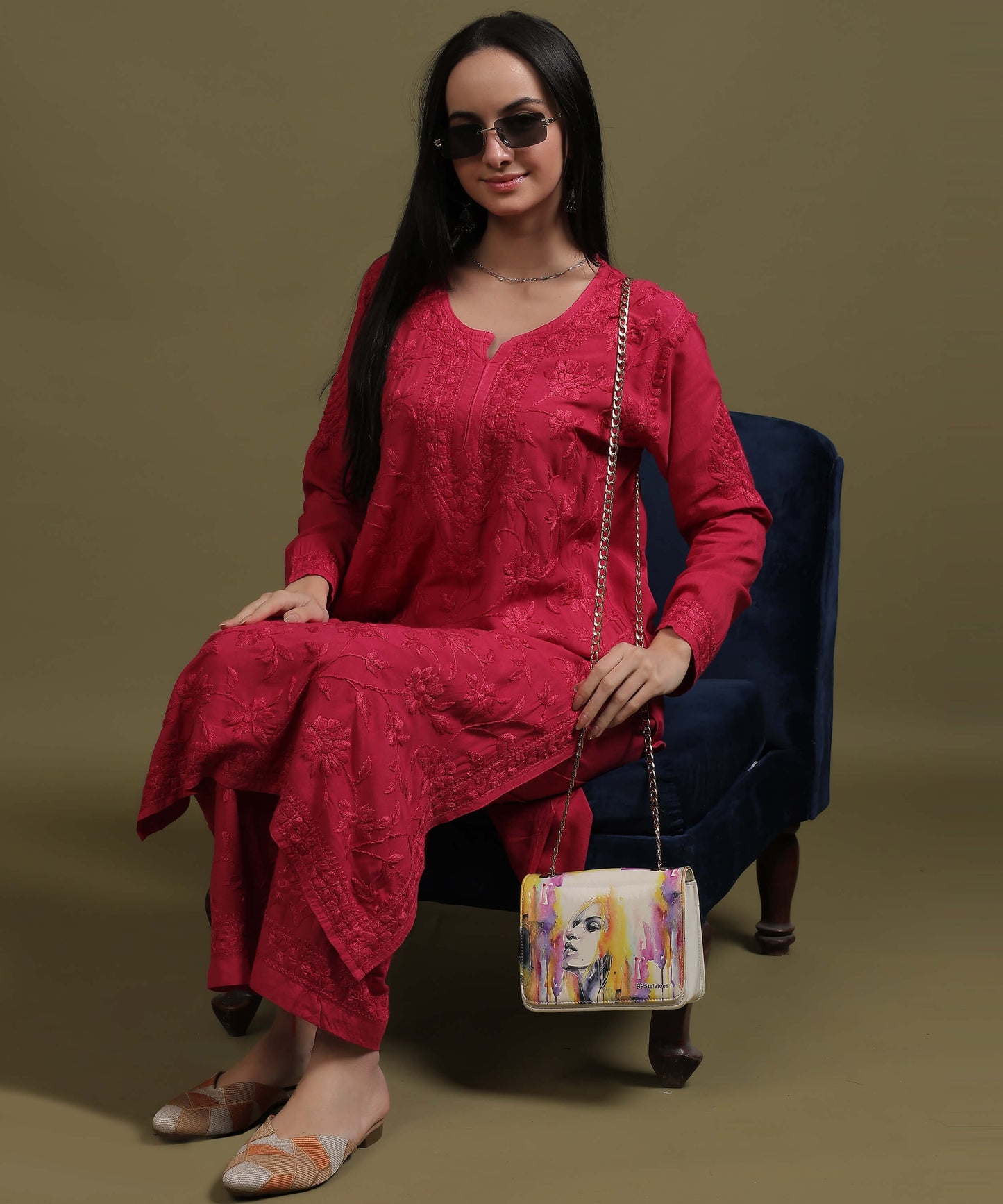 RUMI Rani Pink Rayon Full Jaal Work Palazzo Set