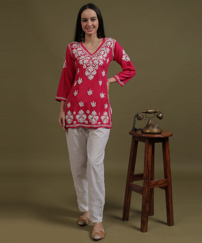 NEA Chikankari Red Rayon Short Kurti WIth White Embroidery