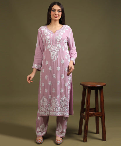 NEA Chikankari Handcrafted Rayon Palazzo Set - Levender Pink