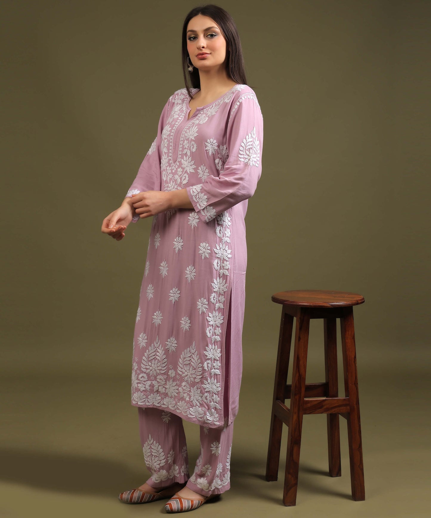 NEA Chikankari Handcrafted Rayon Palazzo Set - Levender Pink