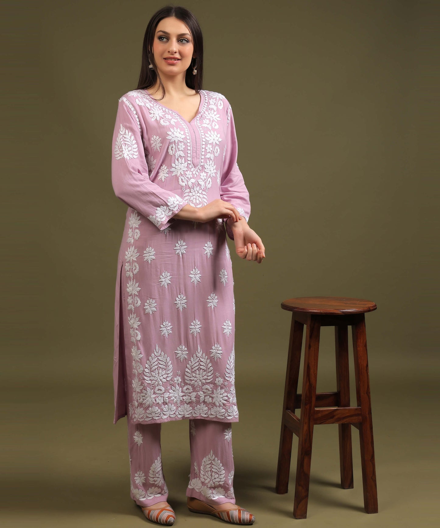 NEA Chikankari Handcrafted Rayon Palazzo Set - Levender Pink