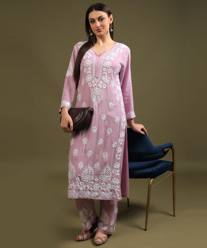 NEA Chikankari Handcrafted Rayon Palazzo Set - Levender Pink