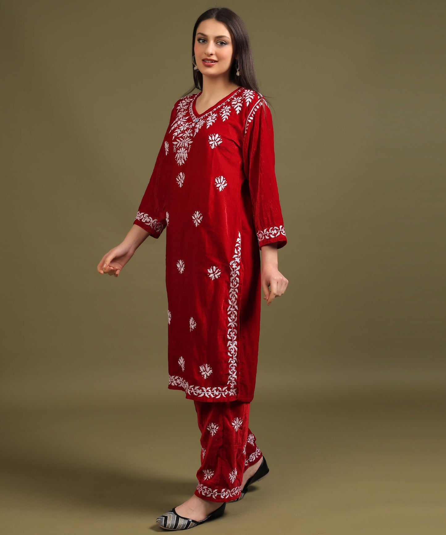 NEA Chikankari Hand Embroidered Velvet Kurta Set - Red