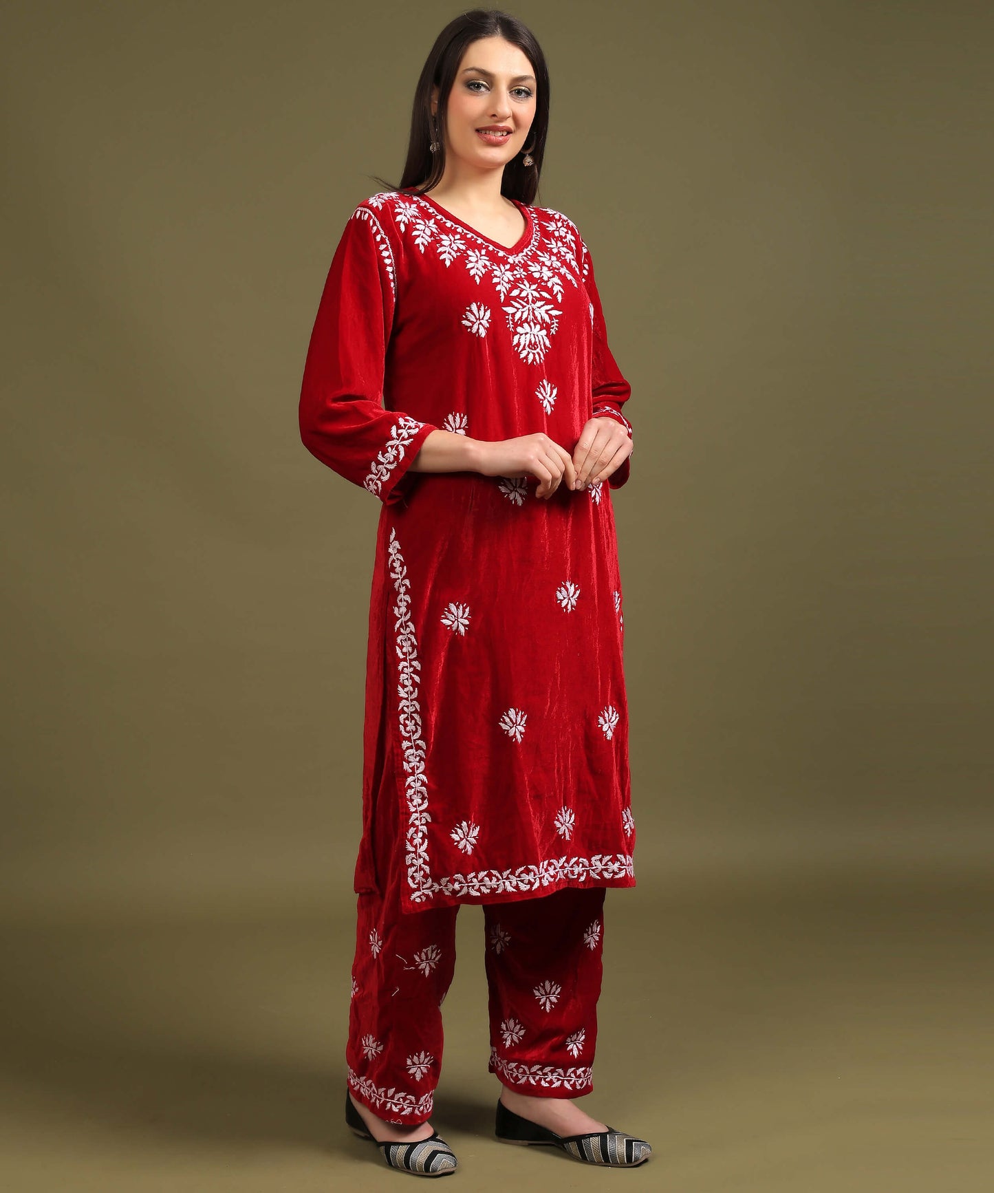 NEA Chikankari Hand Embroidered Velvet Kurta Set - Red