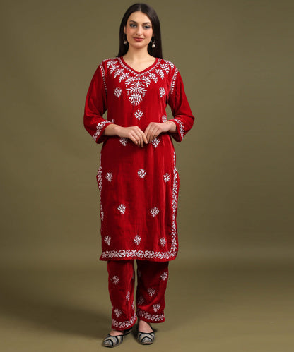 NEA Chikankari Hand Embroidered Velvet Kurta Set - Red