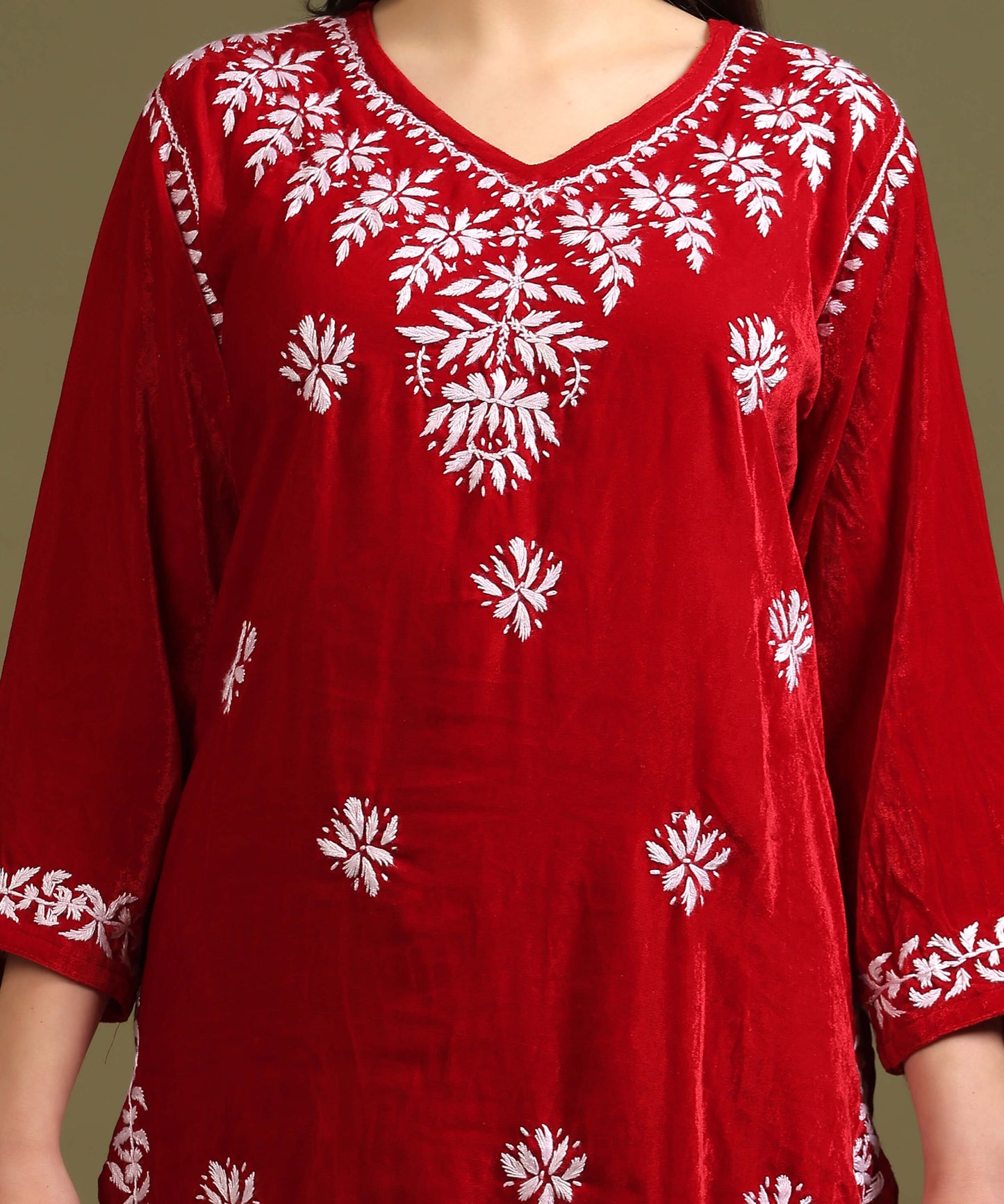 NEA Chikankari Hand Embroidered Velvet Kurta Set - Red