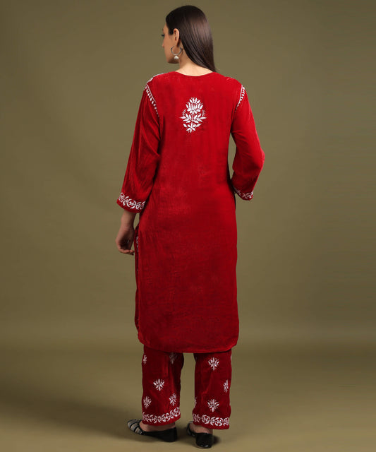 NEA Chikankari Hand Embroidered Velvet Kurta Set - Red