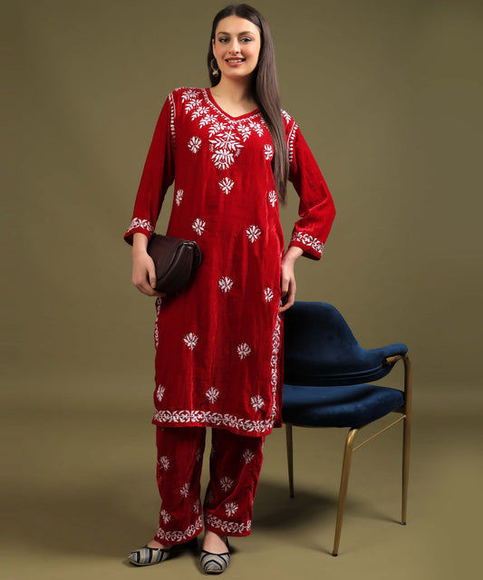 NEA Chikankari Hand Embroidered Velvet Kurta Set - Red