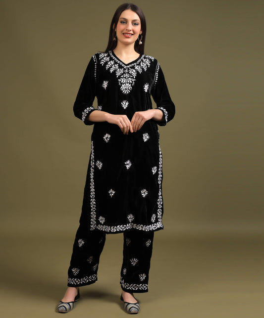 NEA Chikankari Handcrafted Velvet Kurta Set - Black
