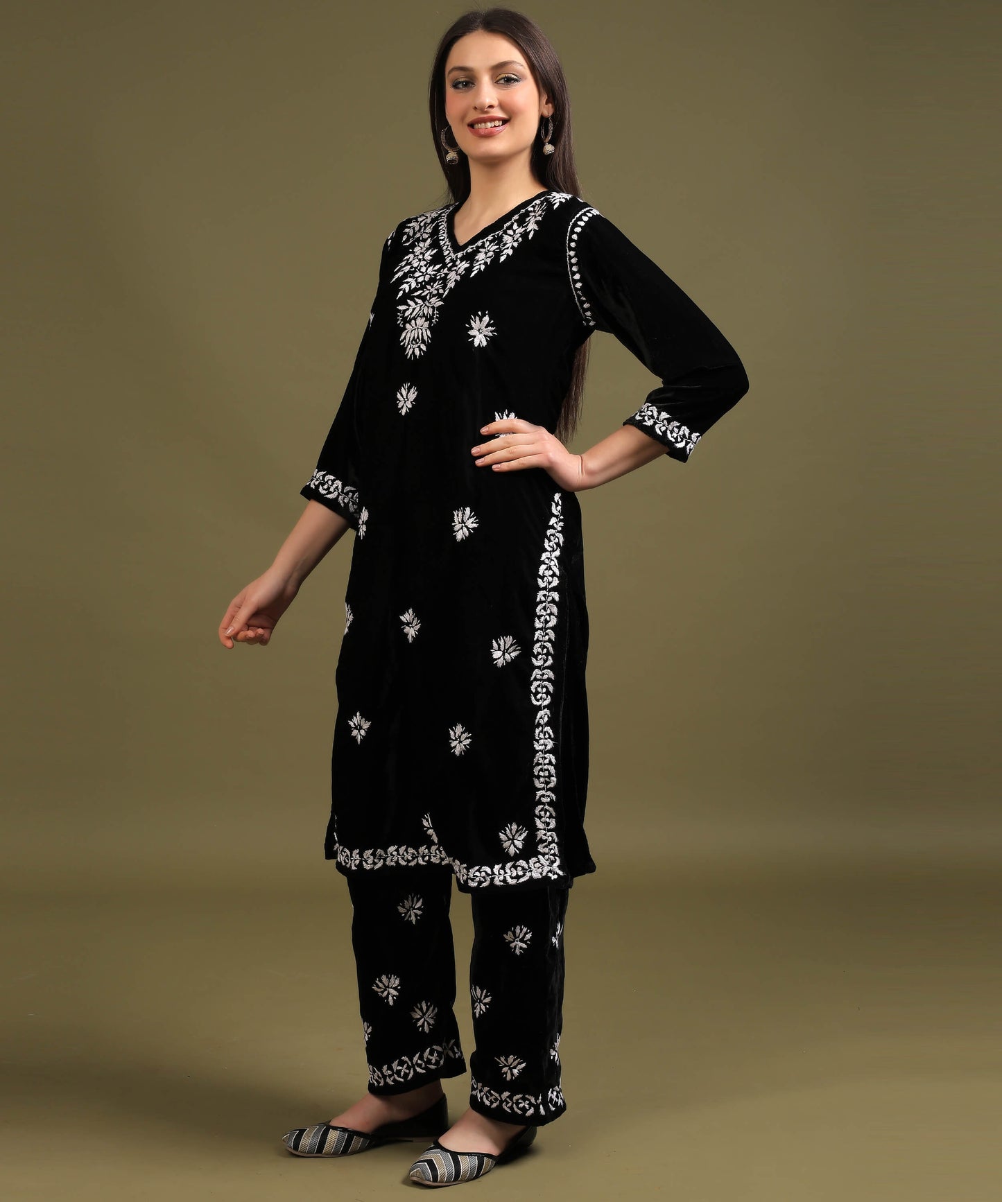 NEA Chikankari Handcrafted Velvet Kurta Set - Black