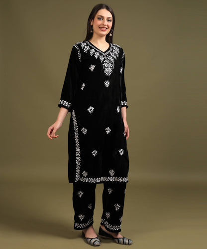 NEA Chikankari Handcrafted Velvet Kurta Set - Black