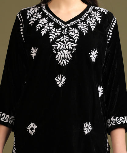 NEA Chikankari Handcrafted Velvet Kurta Set - Black