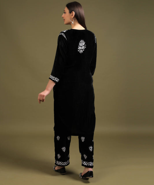 NEA Chikankari Handcrafted Velvet Kurta Set - Black