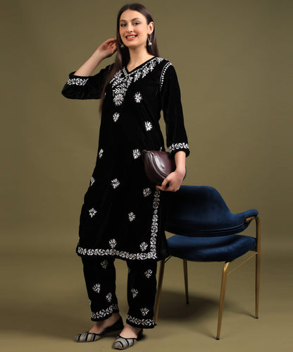 NEA Chikankari Handcrafted Velvet Kurta Set - Black