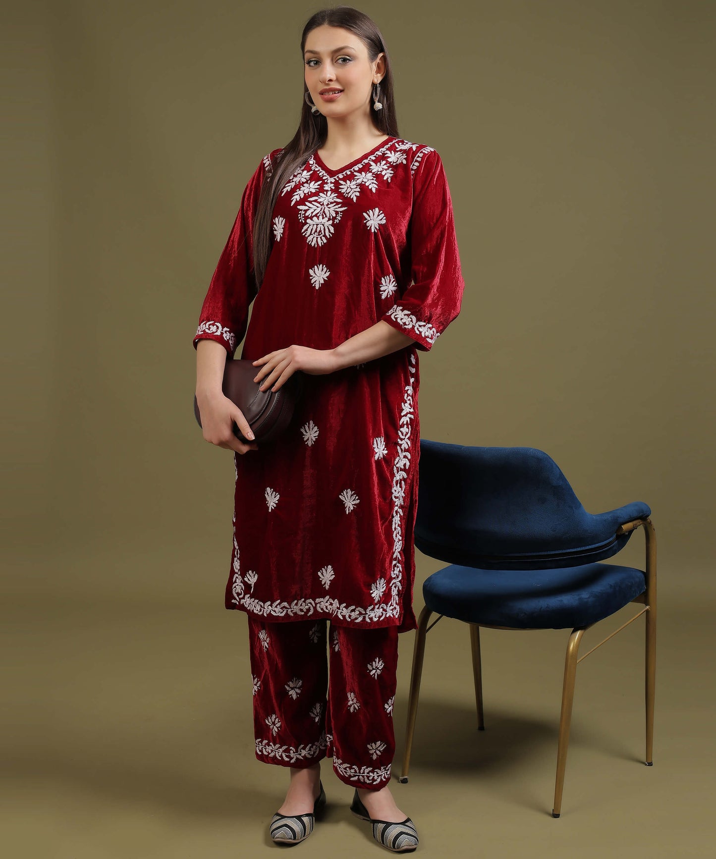 NEA Chikankari Lucknowi Handcrafted Velvet Kurta Set - Maroon