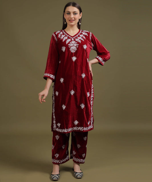 NEA Chikankari Lucknowi Handcrafted Velvet Kurta Set - Maroon