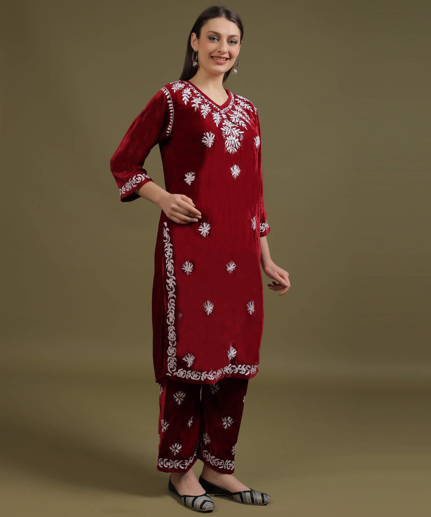 NEA Chikankari Lucknowi Handcrafted Velvet Kurta Set - Maroon
