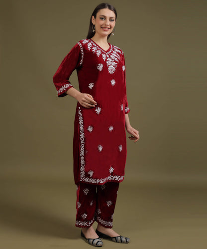 NEA Chikankari Lucknowi Handcrafted Velvet Kurta Set - Maroon