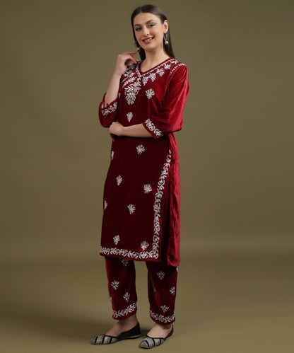 NEA Chikankari Lucknowi Handcrafted Velvet Kurta Set - Maroon