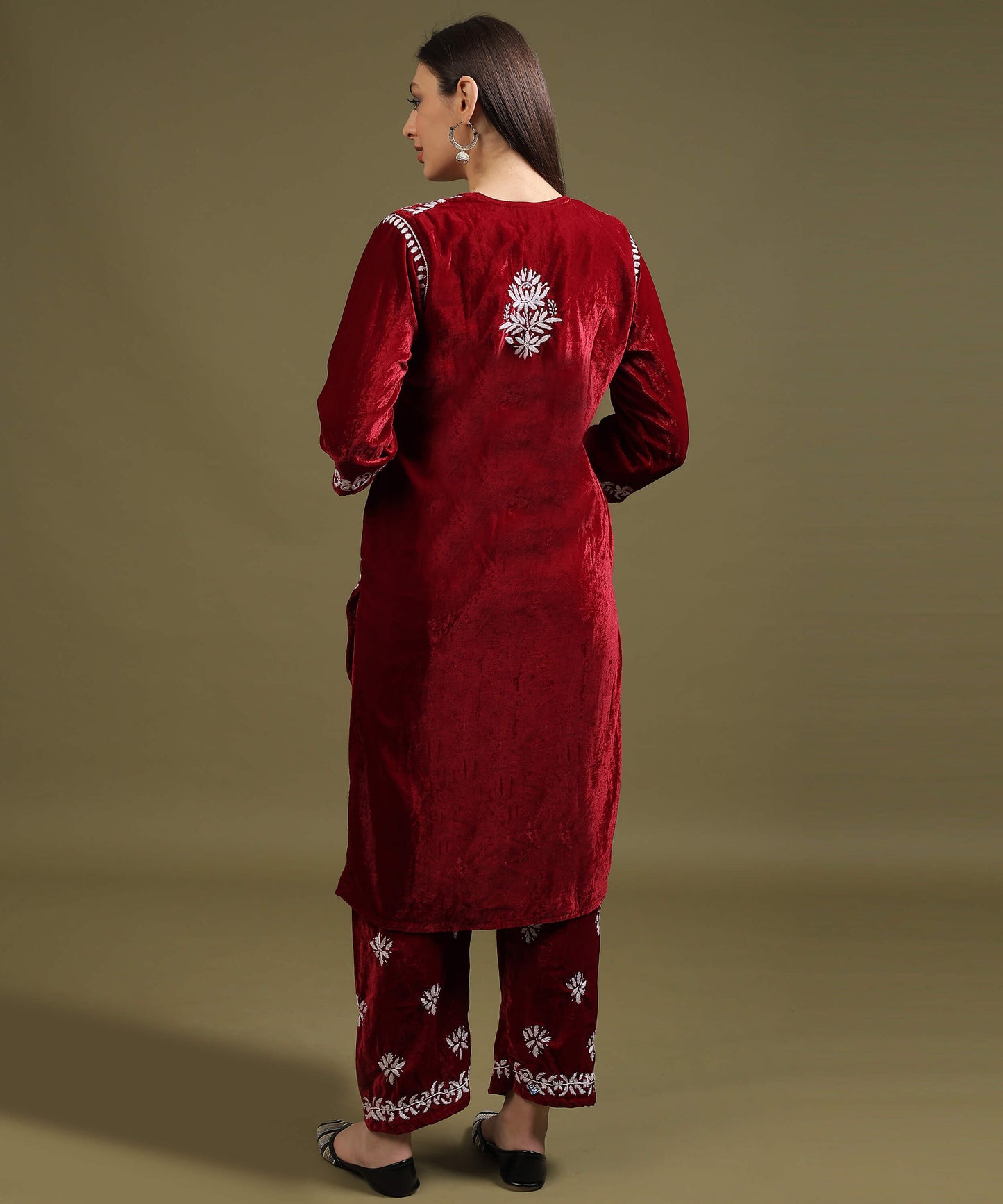 NEA Chikankari Lucknowi Handcrafted Velvet Kurta Set - Maroon