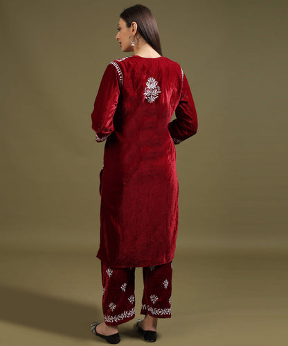 NEA Chikankari Lucknowi Handcrafted Velvet Kurta Set - Maroon