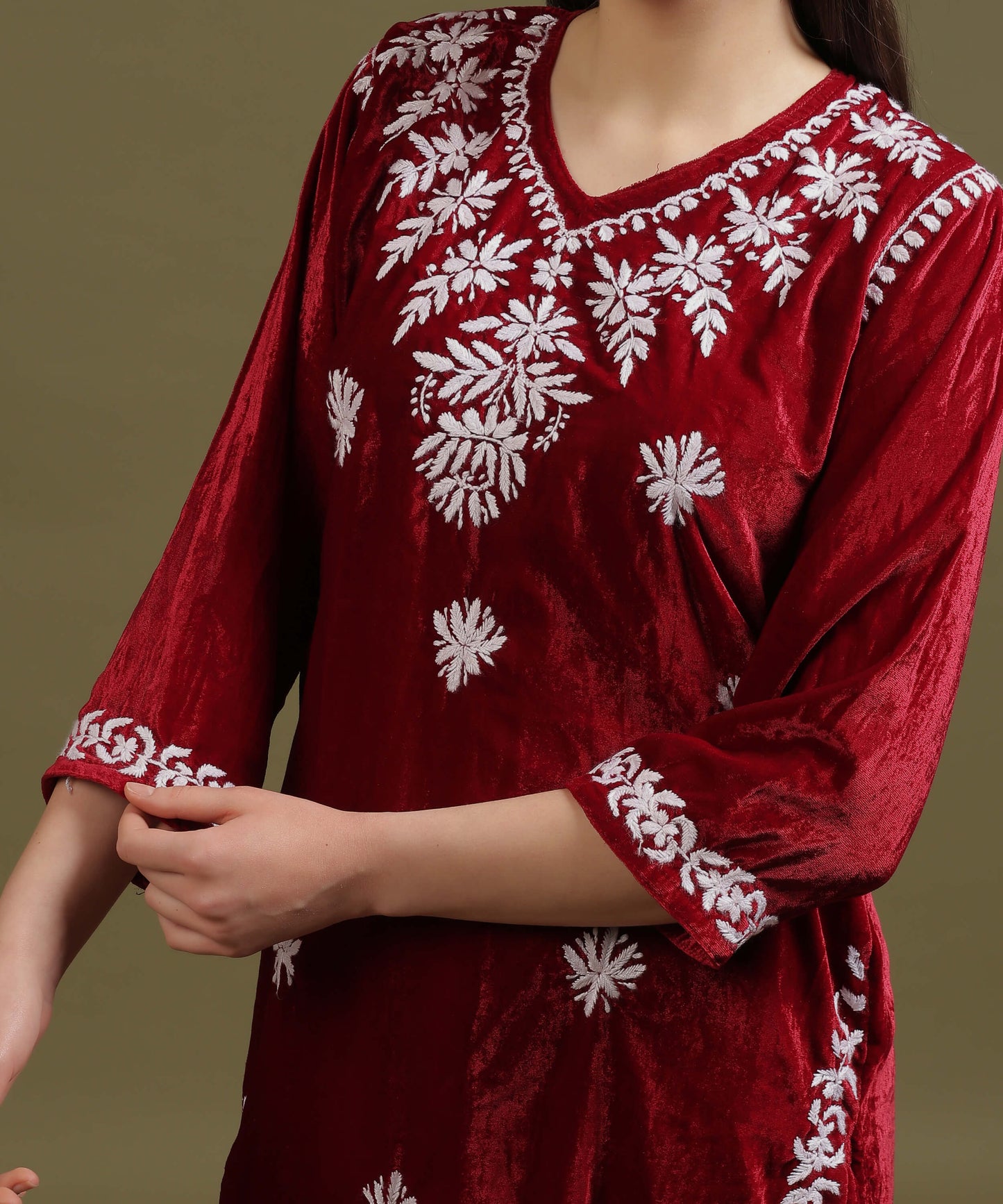 NEA Chikankari Lucknowi Handcrafted Velvet Kurta Set - Maroon