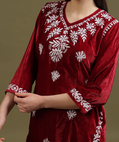 NEA Chikankari Lucknowi Handcrafted Velvet Kurta Set - Maroon