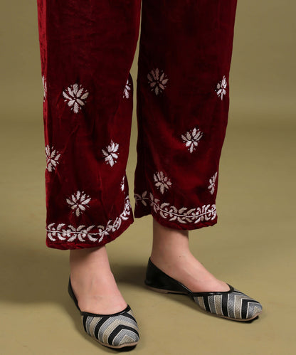 NEA Chikankari Lucknowi Handcrafted Velvet Kurta Set - Maroon