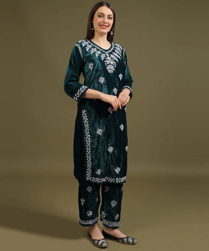 NEA Chikankari Lucknowi Hand Embroidered Velvet Kurta Set - Bottle Green