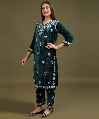 NEA Chikankari Lucknowi Hand Embroidered Velvet Kurta Set - Bottle Green