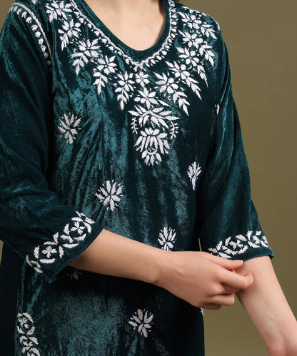 NEA Chikankari Lucknowi Hand Embroidered Velvet Kurta Set - Bottle Green