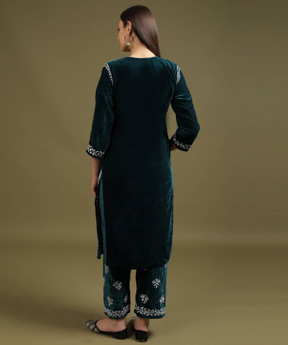 NEA Chikankari Lucknowi Hand Embroidered Velvet Kurta Set - Bottle Green