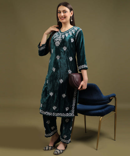 NEA Chikankari Lucknowi Hand Embroidered Velvet Kurta Set - Bottle Green