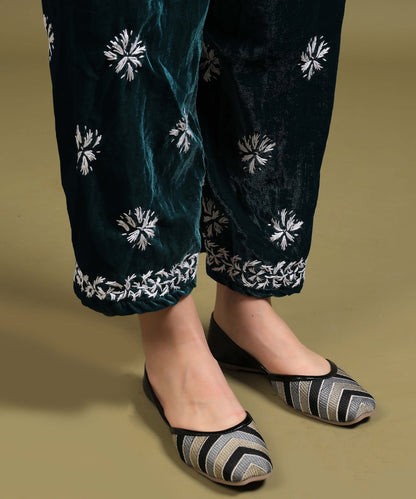 NEA Chikankari Lucknowi Hand Embroidered Velvet Kurta Set - Bottle Green