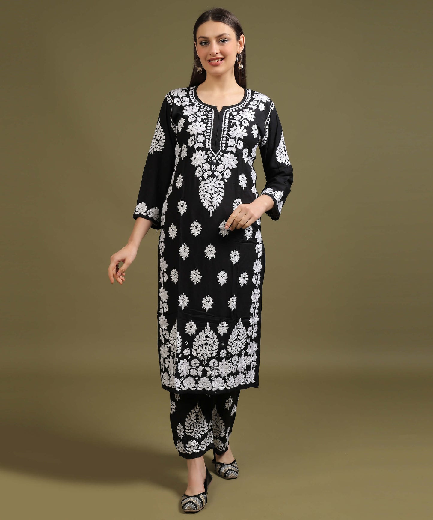 NEA Chikankari Lucknowi Handcrafted Rayon Palazzo Set - Black