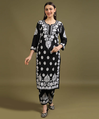 NEA Chikankari Lucknowi Handcrafted Rayon Palazzo Set - Black