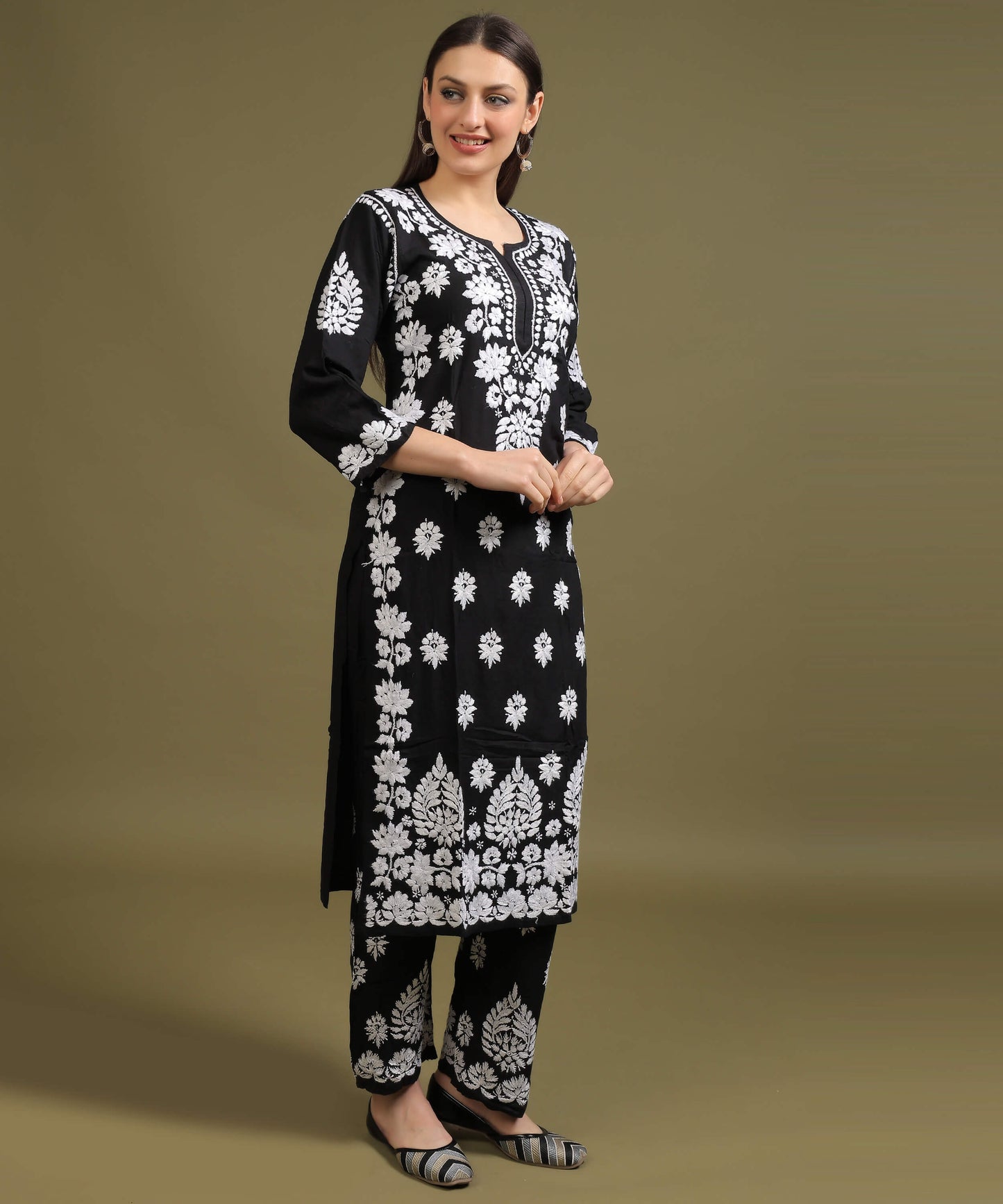 NEA Chikankari Lucknowi Handcrafted Rayon Palazzo Set - Black