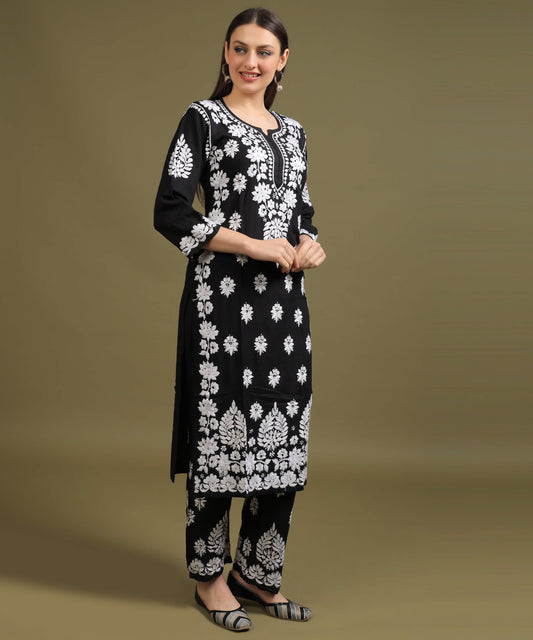NEA Chikankari Lucknowi Handcrafted Rayon Palazzo Set - Black