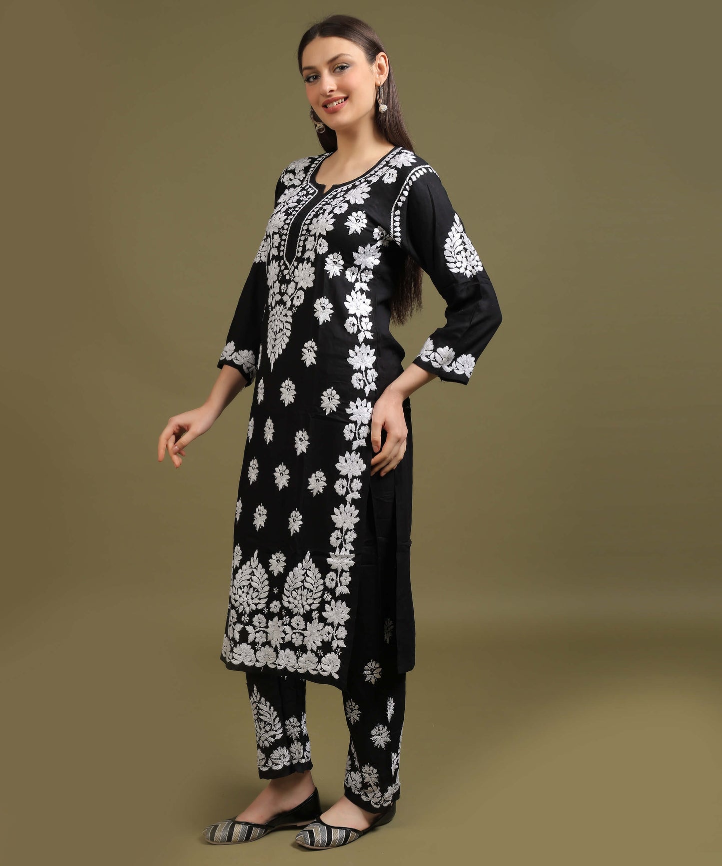 NEA Chikankari Lucknowi Handcrafted Rayon Palazzo Set - Black