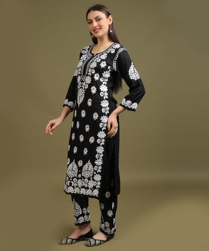 NEA Chikankari Lucknowi Handcrafted Rayon Palazzo Set - Black