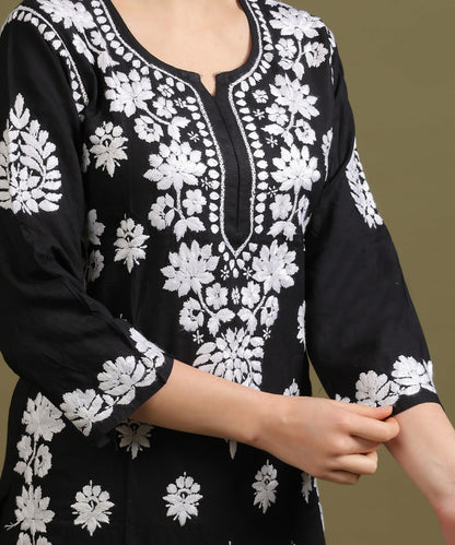 NEA Chikankari Lucknowi Handcrafted Rayon Palazzo Set - Black