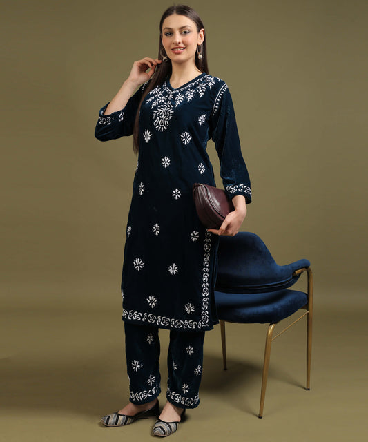 NEA Chikankari Lucknowi Hand Embroidered Velvet Kurta Set - Teal Blue